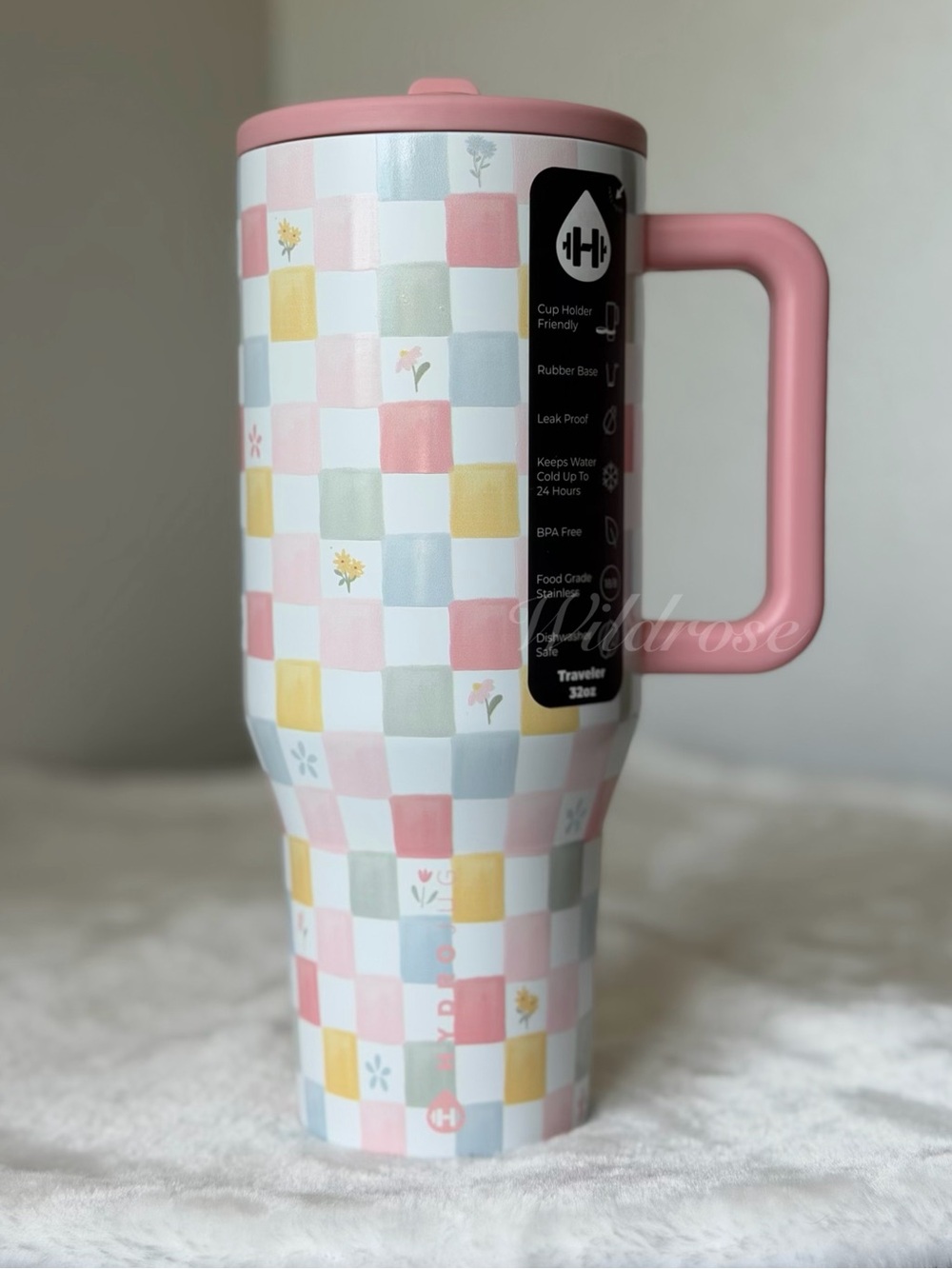 HydroJug 32 OZ Traveler, PASTEL CHECKERS pink yellow blue daisy floral NEW